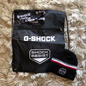 G-shock draw string bag, beanie & laniard